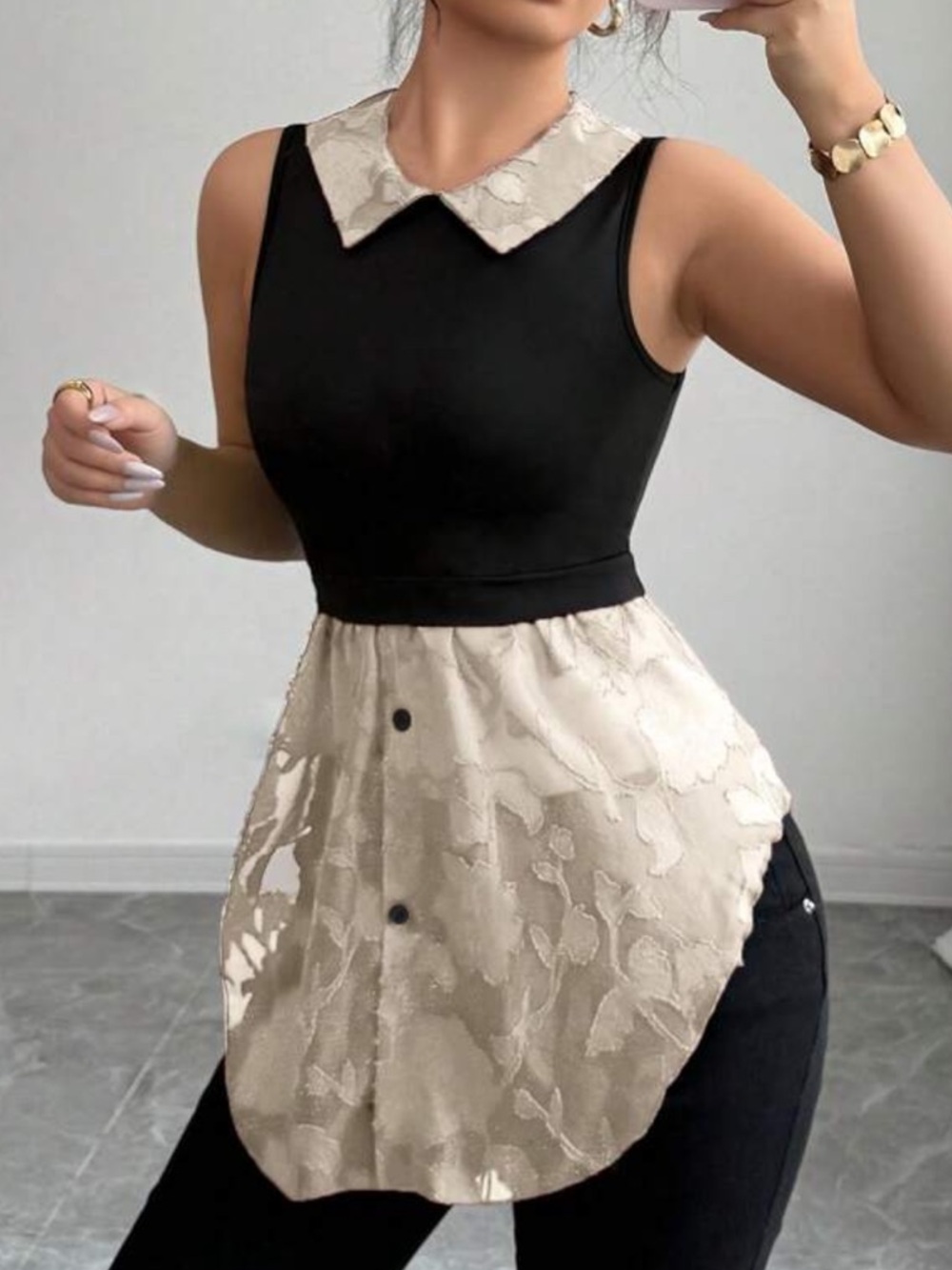 Sleeveless Black Top with Cream Lace Collar and Peplum Overlay